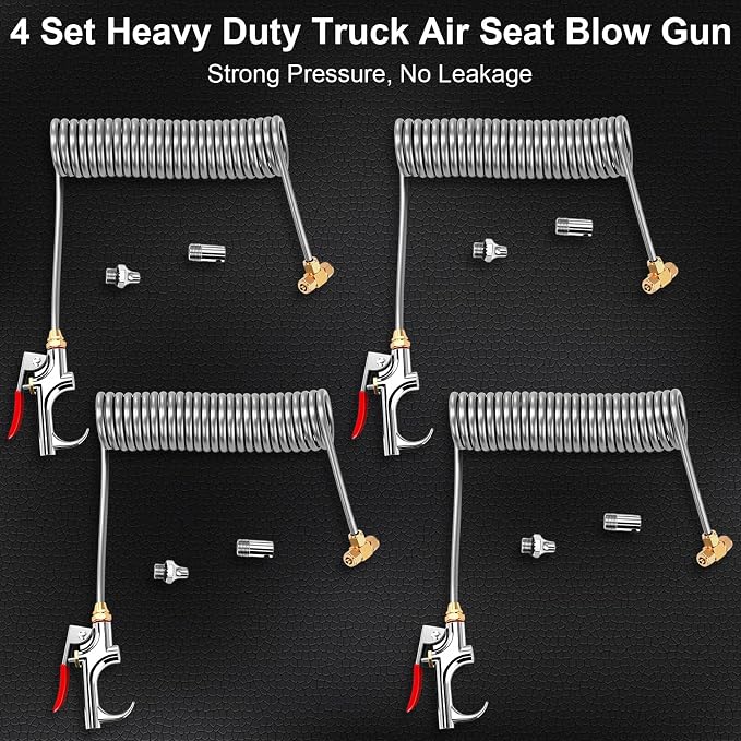 4 Set Air Blow Gun Kit with 11.5 ft Nylon Hose Heavy Duty Truck Air Seat Blow Gun Kit with 2 Interchangeable Nozzle Tips for Semi Truck 1/4 Inch Npt for Tractor Dust Clean(Gray,Brass)