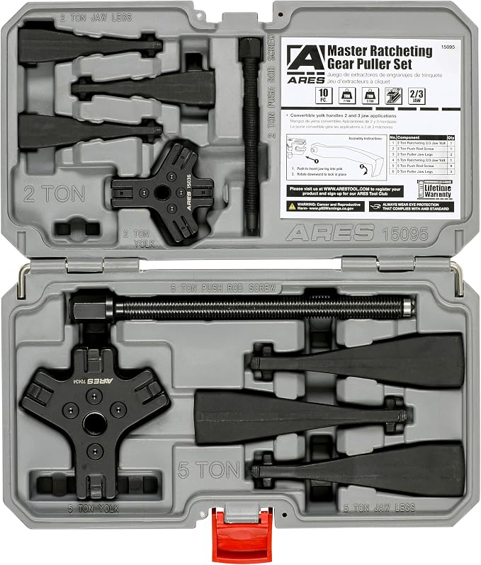ARES 15095 – Master Ratcheting Gear Puller Set – Premium Chrome Moly Steel Gear Puller Yolk Set Includes 2-Ton and 5-Ton Units – Indexing Jaws Feature Convertible 2-Leg and 3-Leg Functionality