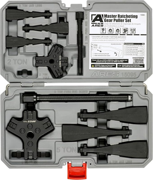 ARES 15095 – Master Ratcheting Gear Puller Set – Premium Chrome Moly Steel Gear Puller Yolk Set Includes 2-Ton and 5-Ton Units – Indexing Jaws Feature Convertible 2-Leg and 3-Leg Functionality