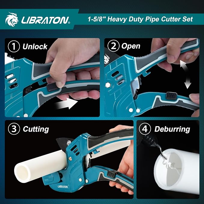 Libraton PVC Pipe Cutter, Up to 1-5/8", Ratchet Pipe Cutter Tool for PEX, PVC, PPR Plastic Hoses Plumbing, Heavy-Duty Pipe Cutter with Deburring Tool Replacement Blade, 2 Adjustable Cutting Ranges