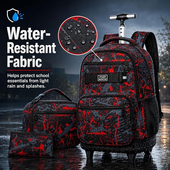 3Pcs Rolling Backpack for Boys Men, Travel Wheeled Backpacks for Adults, Teens College Roller Bookbag with Wheels for Men(Red)