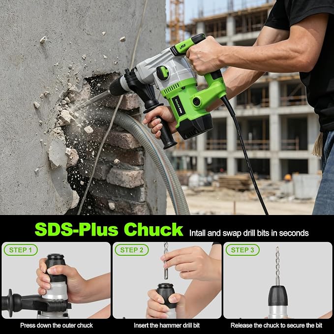 GALAX PRO SDS-Plus Rotary Hammer Drill 1500W 0-4000RPM, 4 in 1 Functions | 360° Anti Vibration Auxiliary Handle, Heavy Duty Electric Rotary Hammer Drill with Case,for Metal, Wood, Brick, Plastic