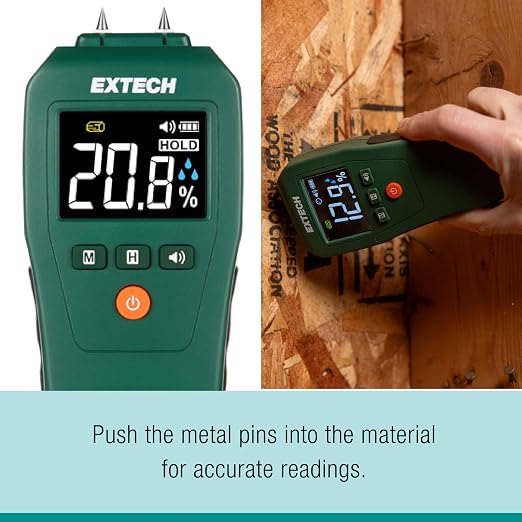 Extech MO50 Compact Pin Moisture Meter with High Contrast LCD & Backlight - Digital Dampness Detector for Wood, Drywall, Concrete, Water Damage Inspection & Building Materials with Audible Alert
