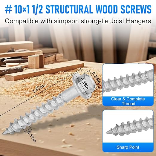 500QTY #10 x 1-1/2" Joist Hanger Screws,Replace 10112R500 Joist Hanger Screws & 10DNails,1/4" Hex Socket Wood Screws 0.370"-Dia Deck Screw Heavy‑Duty Deck Screw 500-Hour Salt Spray Rust Test
