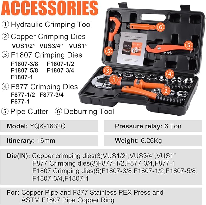 HZLZRZ Pro Press Copper 11 Dies Set with for 1/2" 3/4" 1" Copper Pipe and F877 PEX Crimper Tool Kit. ASTM F1807 PEX Copper Rings 5 Dies 3/8" to 1", Professional Tool for Plumbing Systems(YQK/1632C)