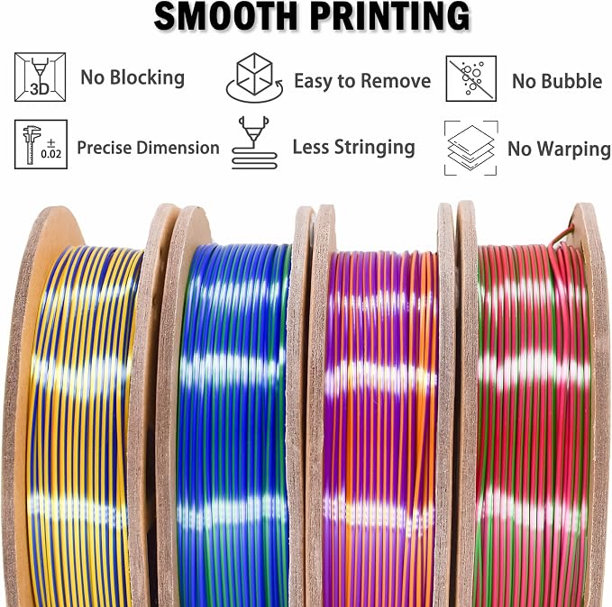 PLA Filament 1.75mm, Tri-Colors 3D Printer Filament, Rainbow PLA Filament Bundle, Coextrusion 3D Filament with Silk PLA Color Change, 3D Printing Filament +/-0.02mm, 200g X 4 Spool