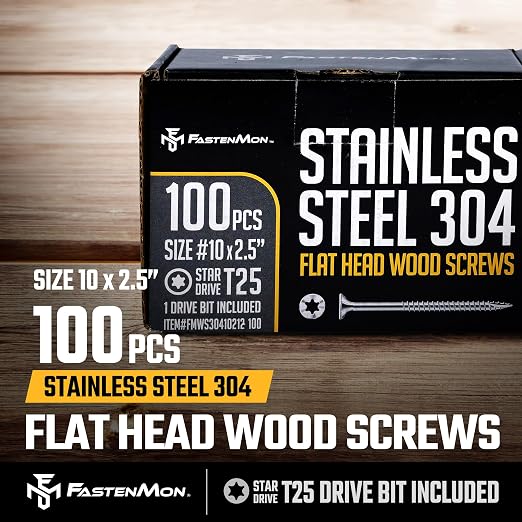304 Stainless Steel Deck Screws, #10 x 2-1/2", 100 PCS | Torx Flat Head Type 17 Point with T25 Bit, Ideal for Outdoor Wood Projects, Fences, Benches, Picnic Tables, Decks, Bulk Box