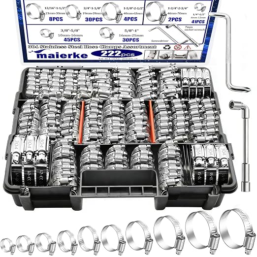 222PCS 304 Stainless Steel Hose Clamps Assortment Kit,Metal Adjustable 1/4"-2-3/4"(6-70mm) Worm Gear Hose Clamp Small Hose Clamps for Automotive,Radiator Pipe,Plumbing,Fuel Line