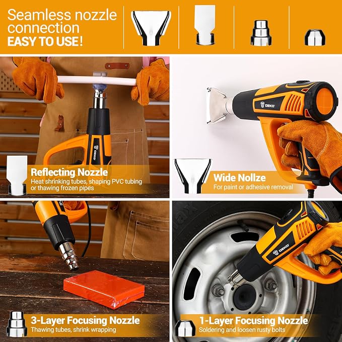 Heat Gun Hot Air Gun: DEKOPRO 1800W Heat Guns with Variable Temperature Control 120℉-1200℉/50℃- 650℃, Heat Guns for Crafting, Vinyl Wrap, Shrink Wrap with Overload Protection & 4 Nozzles