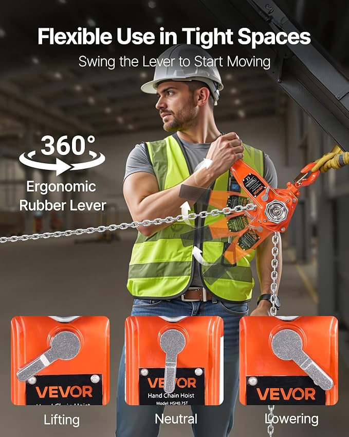 VEVOR Manual Lever Chain Hoist, 3/4T 1650LBS Capacity Heavy Duty Come Along, 20FT Lift G80 Alloy Steel Chain with Dual Pawl Mechanical Brake,360°Rotating Hooks, for Warehouse Construction Garage
