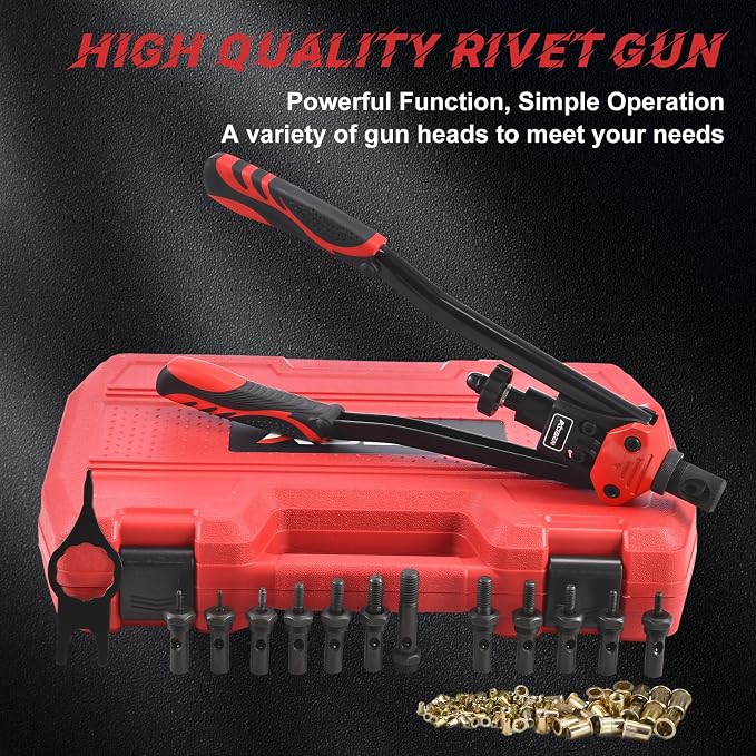 AOBEN 16" Rivet Nut Tool, Professional Hand Rivet Nut Setter Kit with 12 Interchangeable Metric & SAE Mandrels, 145Pcs Rivnuts and Rugged Carrying Case