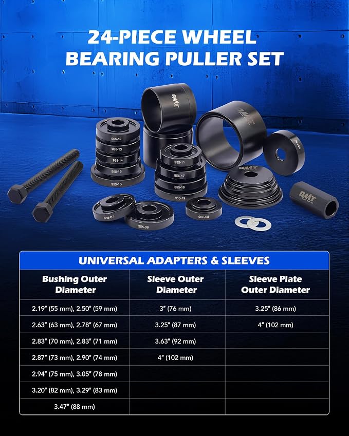 Orion Motor Tech Wheel Bearing Press Kit for Front Wheel Drive Bearing Removal & Installation, 24pc Wheel Bearing Puller Tool Set with Sliding Screws Universal Bushings Sleeves Storage Case