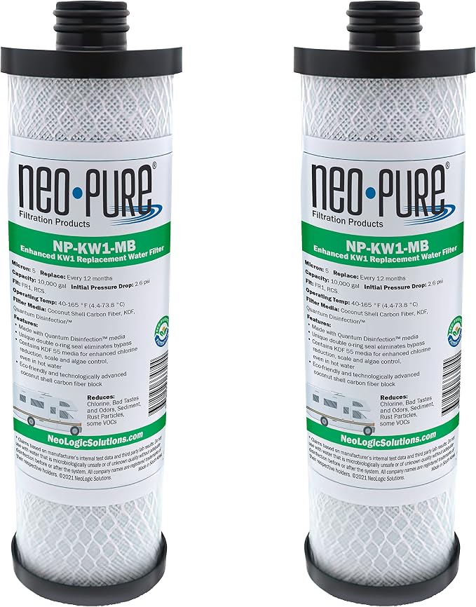 Neo-Pure NP-KW1-MB Compatible Replacement for WaterPur™ KW1 RV Water Filter- Now Available as MAX Filter- With Quantum Water Purification KDF 55 Media and Coconut Shell Carbon Fiber 2-Pack