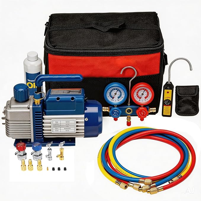 4CFM 1/3 HP Single Stage Rotary Vane AC Air Conditioning Vacuum Pump Kit with Manifold Gauge Set Hoses and Leak Dectactor for HVAC Automotive and Household Refrigeration Systems