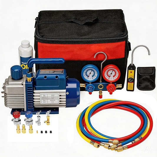 4CFM 1/3 HP Single Stage Rotary Vane AC Air Conditioning Vacuum Pump Kit with Manifold Gauge Set Hoses and Leak Dectactor for HVAC Automotive and Household Refrigeration Systems