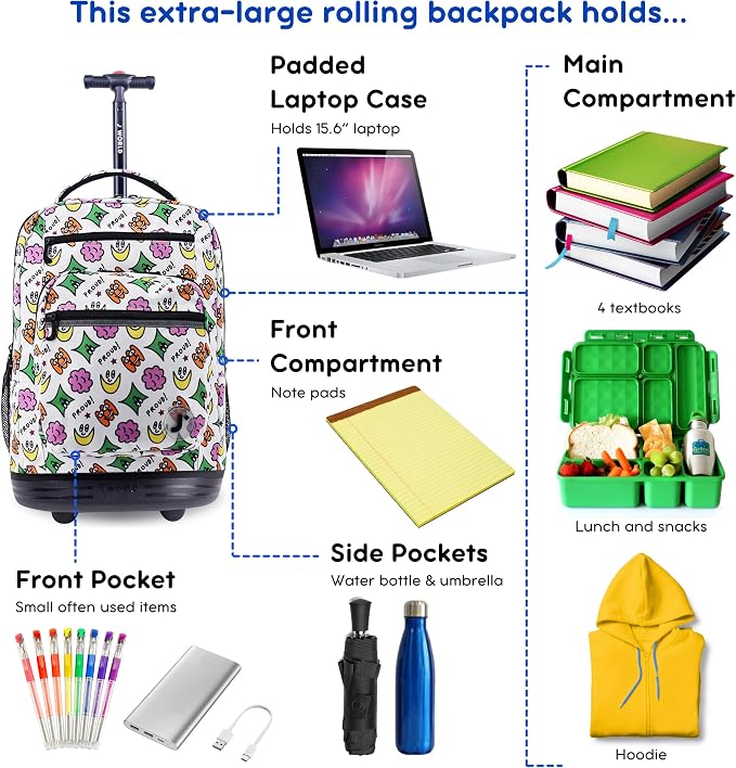 J World Sundance Laptop Rolling Backpack for Girls Boys. Roller Bookbag with Wheels, 20 Inch, Proud