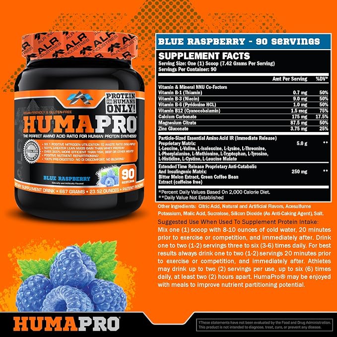 ALR Industries HumaPro Essential Amino Acid Formula | EAA Protein Supplement | Supports Muscle Recovery & Performance | Vegan, Gluten Free | | 90 Servings (Blue Raspberry)