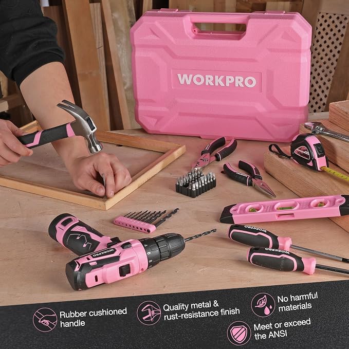 WORKPRO Pink Tool Set with Power Drill, 108PCS Portable Ladies Pink Drill Kit for Home with Toolbox and Hammer, 1.5 Ah Cordless Drills with Keyless Chuck and Variable Speed Trigger