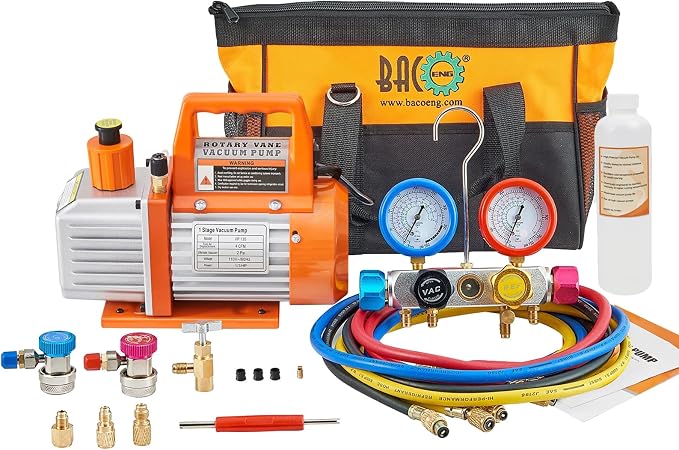 BACOENG 4CFM AC Vacuum Pump and Gauge Set, 4 Way HVAC Vacuum Pump Kit for R134a R410a R22 Refrigerants AUTO/Mini Split Vacuum System, with R134a Car Quick Couplers, Can Tap and 4 Hoses