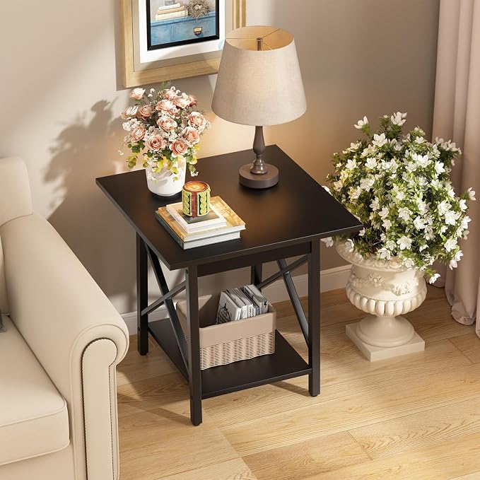 GreenForest Square End Table 24 Inch with X-Frame 2-Tier Storage | Nightstand for Living Room & Bedroom, Rustic Decor, Sturdy, Waterproof Scratchproof Top, Easy Assembly, Black