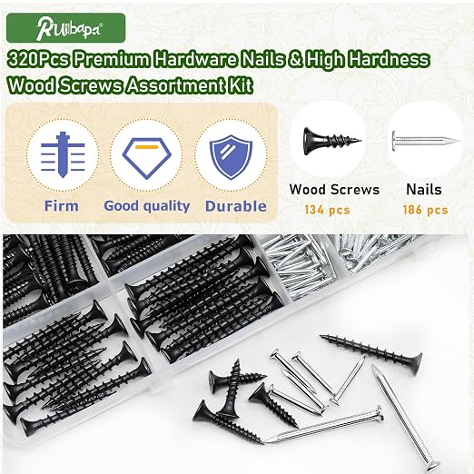 320Pcs Premium Hardware Nails & High Hardness Black Drywall Screws Assortment Kit,11 Sizes (1/2"-2"),Phillips Drive Flat Head, Wood Screws,Galvanized,Picture Hanging,Common Nails with Storage Box