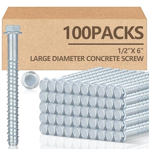 Tandefio 100 Pack 1/2" x 6" Concrete Screw Anchor Galvanized Large Diameter Heavy Duty Plated Concrete Anchors for Masonry Brick Anchoring Block Decking Framing Hex Drive