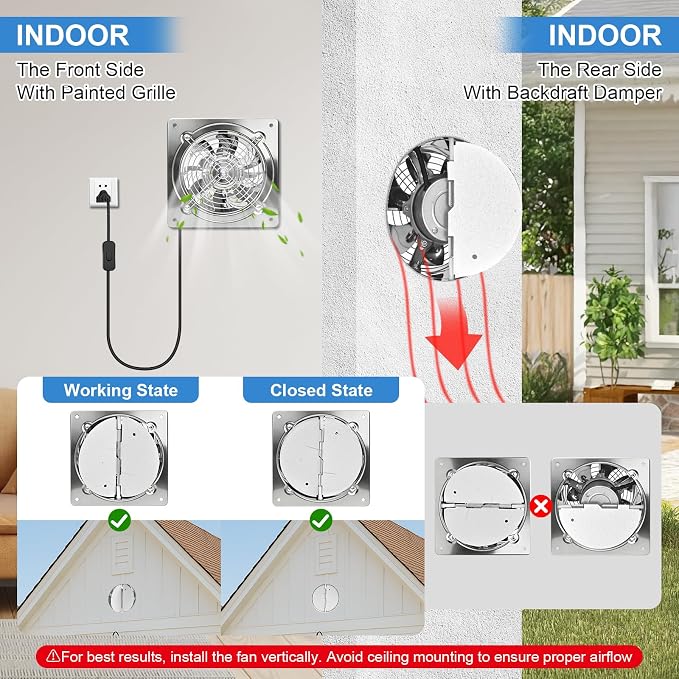 8-inch wall-mounted kitchen metal exhaust fan with switch, 382-576CFM, portable installation, with return air valve, suitable for attic, garage, bathroom, office, basement ventilation, silver