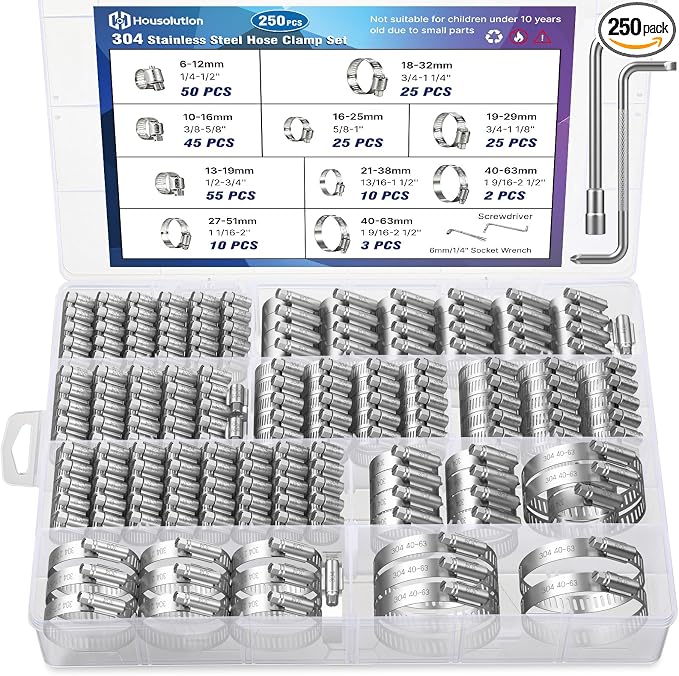 Housolution 250 PCS Pipe Clamps from 1/4" to 2.5" (6-63mm), Hose Clamps Stainless Steel with Hose Clamp Tool, For Fuel Line, Garden, Plumbing, Automotive, Radiator, Mechanical Applications