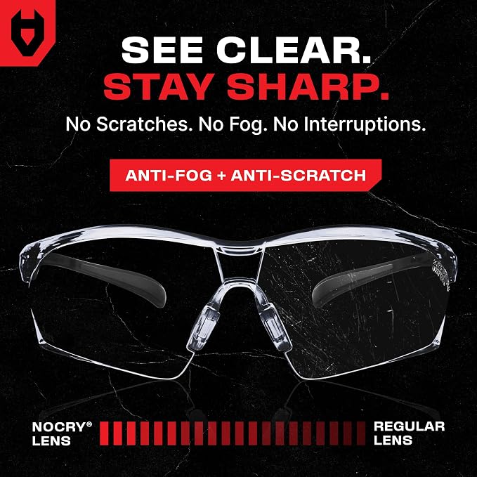 NoCry Safety Glasses with Clear Anti Fog Scratch Resistant Wrap-Around Lenses and No-Slip Grips, UV Protection. Adjustable (Black & Black, 10 pack)