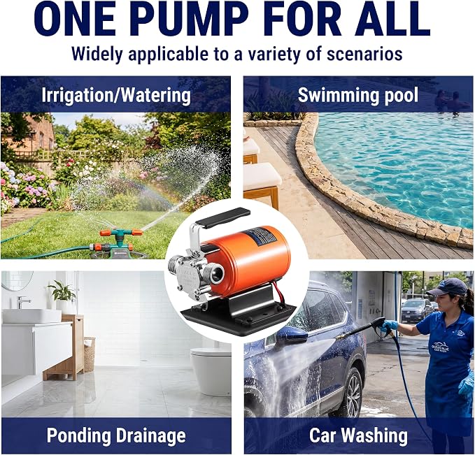 HoldwellS Water Transfer Pump 12V DC, 360 GPH, 1/10HP, 46FT High-Lift | Battery Powered Utility Pump, Portable Electric Water Pump with Switch and 6 ft Suction Hose Kit, For Water Removal