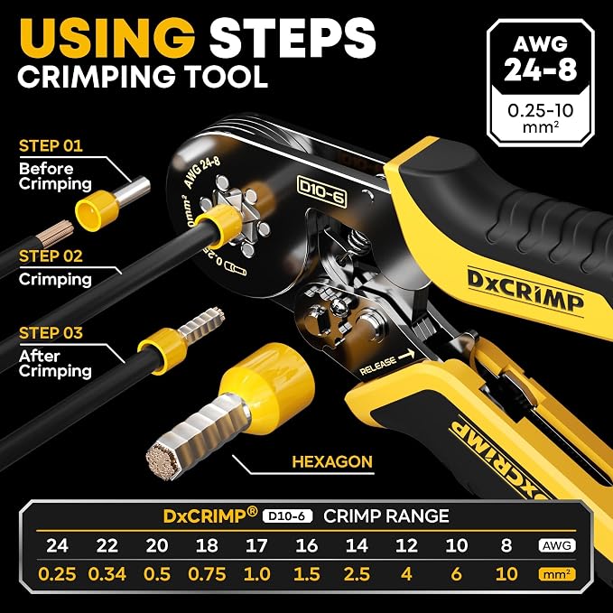 Ferrule Crimping Tool Kit, Ratchet Pliers for 24-8 AWG with 24 Types Insulated, Non-Insulated and Two Wire Ferrules, Wire Ferrules Kit, Hexagon Ferrule Crimper set, Electrician tool