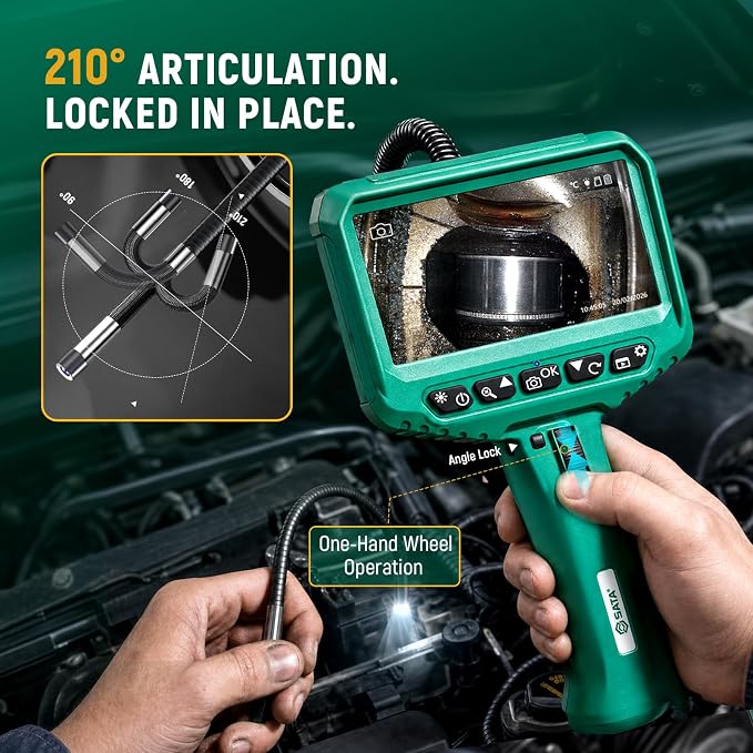 SATA Two-Way Articulating Borescope with Light, 210° Articulation, Industrial Endoscope Camera, IPS HD Display, Flexible Snake Probe for Automotive Engine, HVAC, Plumbing and Mechanical Inspection-5FT
