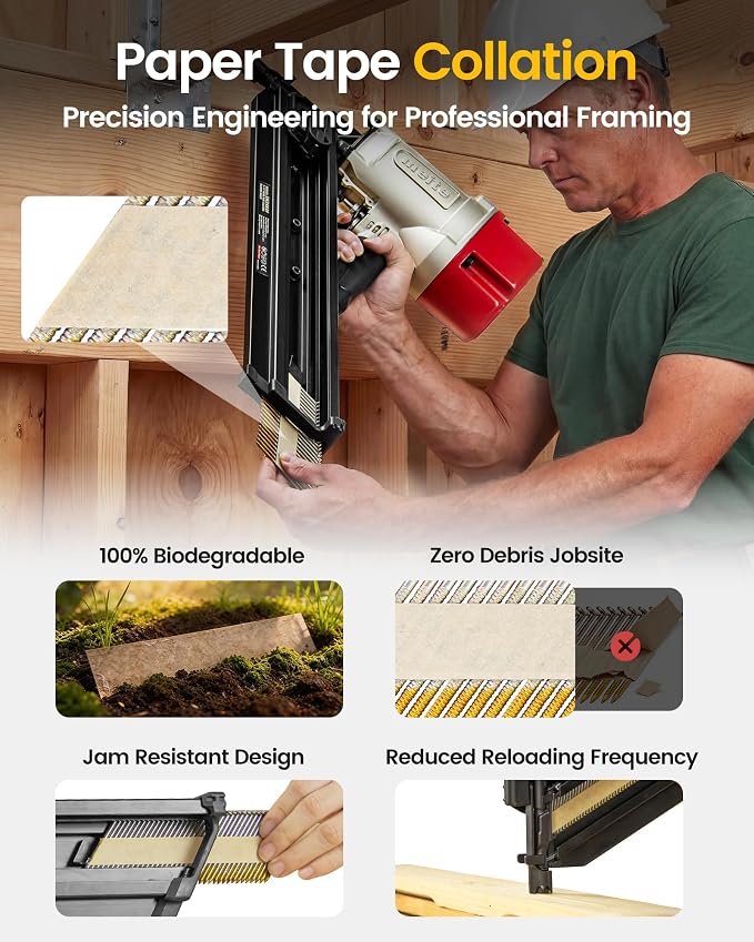 meite 30 Degree Framing Nails 3 Inch x .120 Inch Ring Shank Paper Collated Nails for 30-34 Degree Framing Nailer, Electro-Galvanized Offset Round Head Framing Nails for Sheathing Decking 2,000PCS | Offset Round Head Paper-collated Framing Nails, for 30...