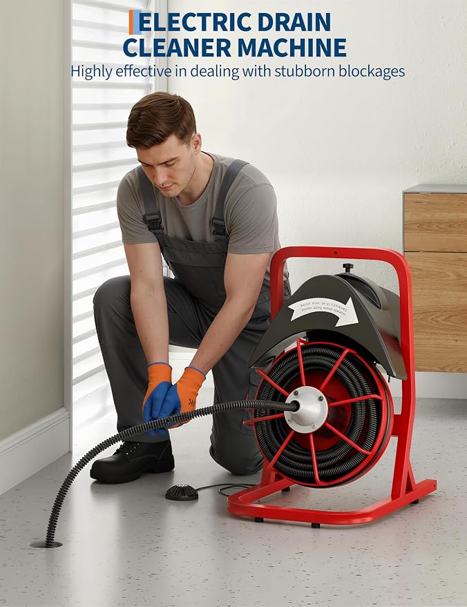 Garvee Drain Cleaner Machine 75FT x 1/2 Inch Steel Core Cable Portable 370W Electric Drain Cleaning Machine With Sewer Auger, Cutter, Air-activated Foot Switch, for Commercial, Home