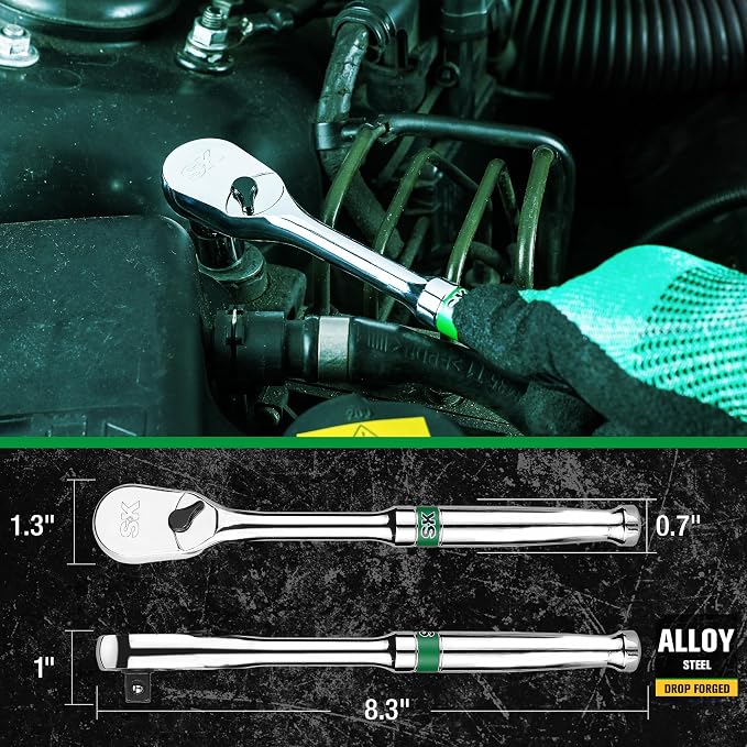 SK 3/8" Drive Ratchet Handle, Pear Head, 90-Tooth Ratchet, Alloy Steel, with Contoured Handle
