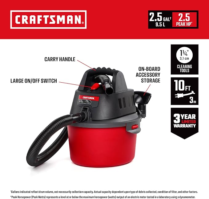 CRAFTSMAN CMXEVBE17250 2.5 Gallon 2.5 Peak HP Wet Dry Shop Vacuum Bundle