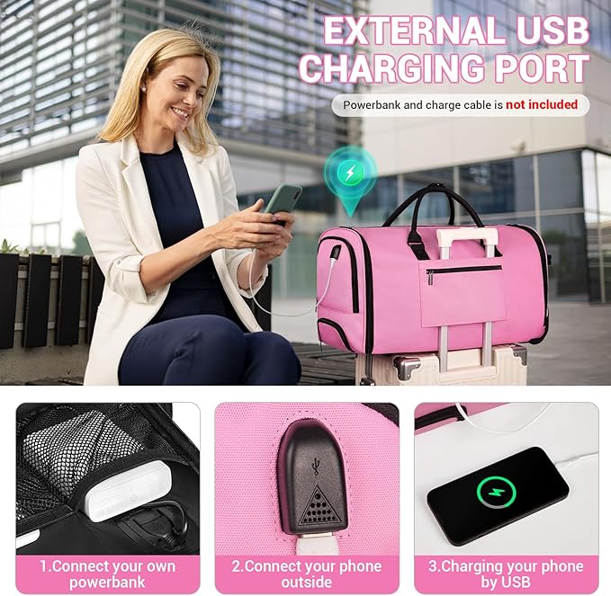 DEVPNR Rolling Garment Bags for Travel, 59L Rolling Duffle Bag with Wheels and Shoe Compartment for Men and Women, 3 in 1 Carry on Convertible Travel Garment Bag with Wheels, Pink