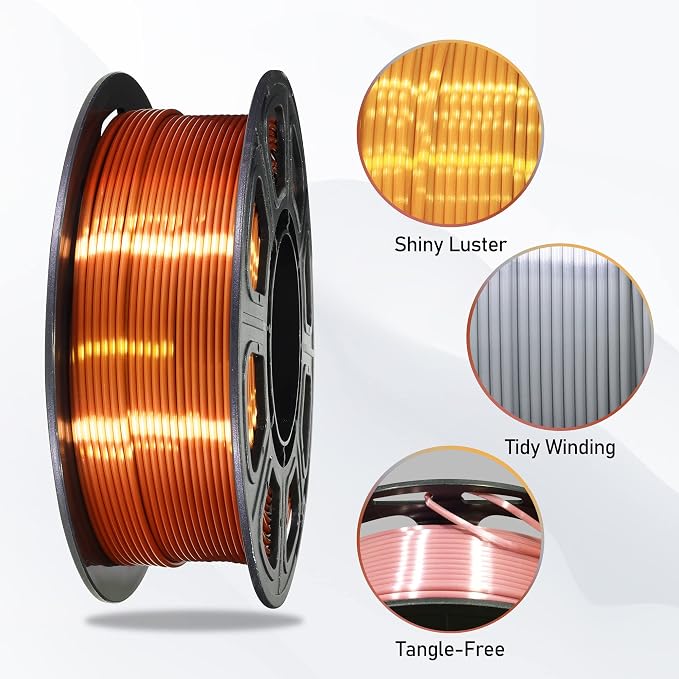 1.75mm Silk PLA Filament 4 Spools 1kg, Gold/Silver/Copper/Rose Gold | Shiny metallic finish. Each spool 250g. Widely fit for 3D printers and pens. Premium silk PLA filament for smooth printing