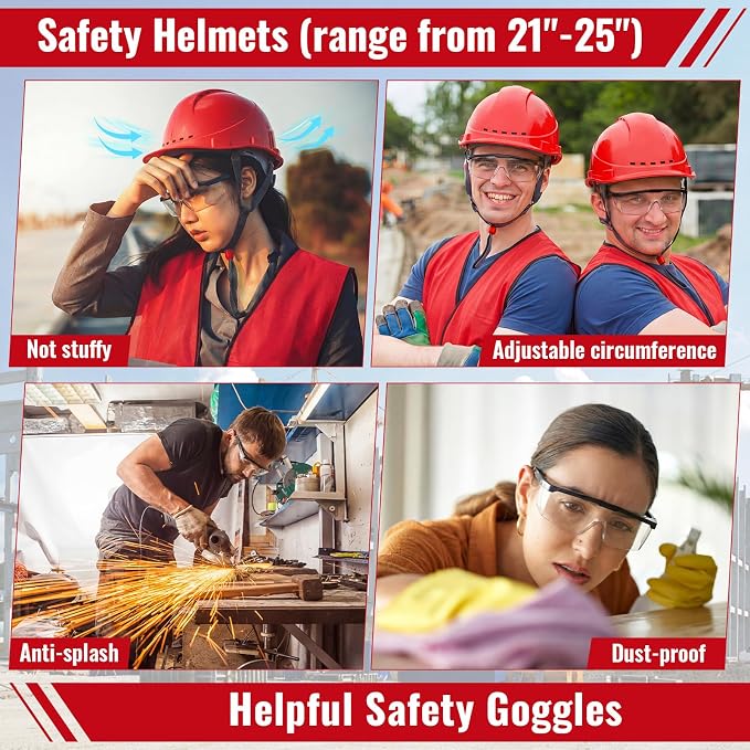 Mumufy 18 Pcs Suspension Hard Hats Safety Helmets Vented Cap Style Helmet with High Visibility Vest Mesh Reflective Anti Fog Safety Goggles Adjustable Temples for Construction Work (Red)