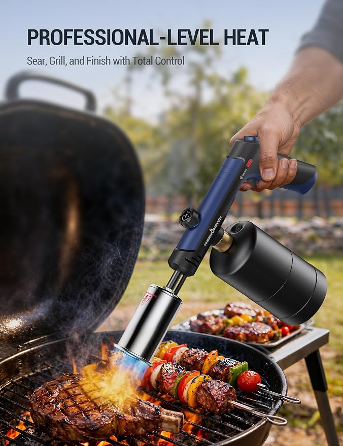 ThermoMaven Propane Torch with One-Touch Max Fire, Blow Torch Gun with Safety Lock, Charcoal Lighter Flamethrower, Kitchen Food Torch Head for Grill, Sous Vide, BBQ, Midnight Cobalt(Tank Not Included)
