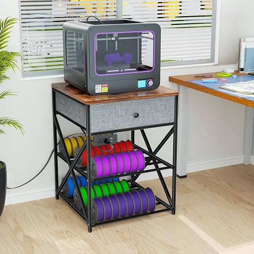 DALEHMOME 3D Printer Stand with Storage, 3D Printer Table with Power Outlet, Sturdy Metal Frame Workstation with Fabric Drawer for 3D Printing, Rustic Brown, 23.6" L x 23.6" W x 31.5" H