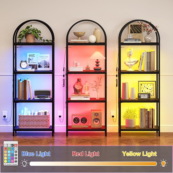 Yusong LED Bookshelf 4 Tier Arched Bookcase, 71.3" Tall Industrial Open Book Shelves for Living Room, Modern Freestanding Display Storage Rack with Metal Frame, Office, Bedroom, Black