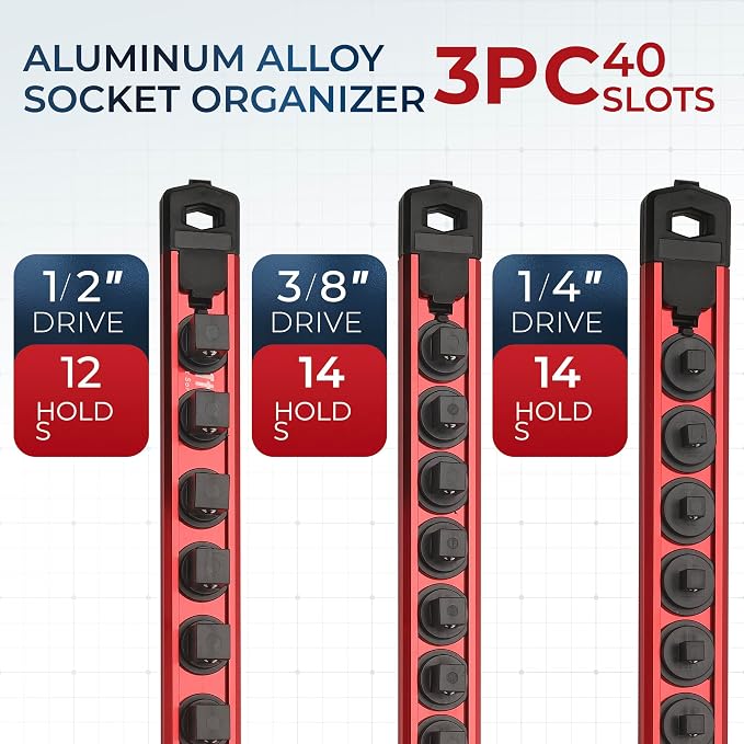 Reniteco Magnetic Socket Organizer Set, 3-Piece 1/2" 3/8" 1/4" Drive Aluminum Alloy Socket Holder with 40PC 360° Swivel Removable Clips, Magnetic Socket Rail for Tool Box Drawer, Red
