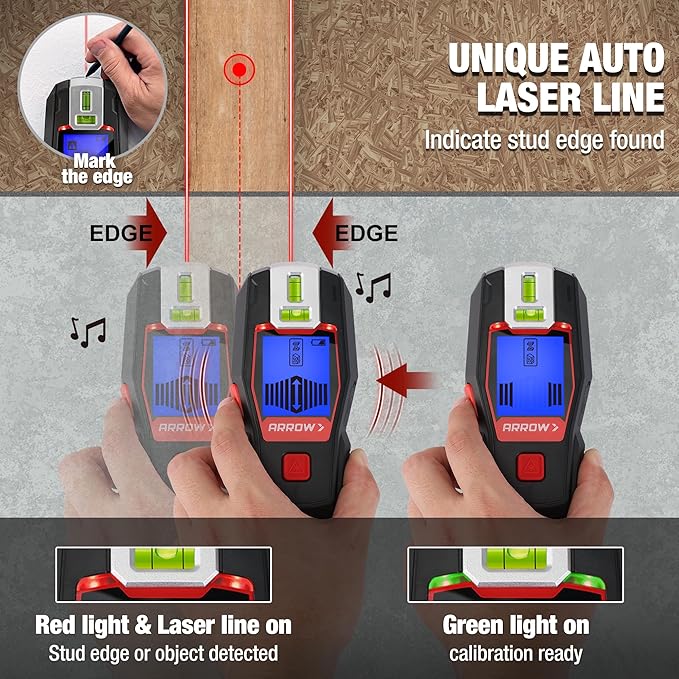 ARROW 2-in-1 Stud Finder with Laser Level, Rechargeable Wall Stud Scanner & Vertical Line Laser for Hanging Frames & Picture, Wood Ac Wire Metal Studs Joist Pipe Detection