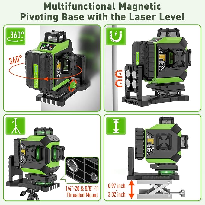 Huepar 4 x 360 Laser Level Self-leveling 4D Green Beam Cross Line 16 Lines Tiling Floor Laser Tool - 2 x 360 Horizontal/Vertical Laser Lines -rechargeable & Integrated Magnetic Bracket 704CG