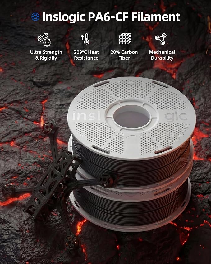 Inslogic Carbon Fiber Nylon Filament 1.75mm, Black PA6-CF 1kg×4 Spools, High-Temp & Wear Resistant, High Strength & Rigidity 3D Filament for Functional Parts & Industrial Tools