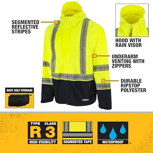 DEWALT DRW21-3 Lightweight Class 3 Ripstop Wind and Rain Jacket - Hi-Vis Green, Size L