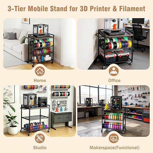 facka 3D Printer Stand with Filament Storage, 3-Tier 3D Printer Desk Table | Wood Shelves, Wheels and Foot Pads, Compact Printer Shelf for Small to Medium Printers, Tools, PLA and Resin Storage