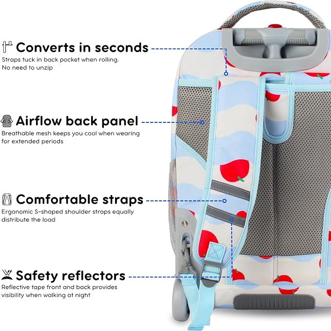 J World Sundance Laptop Rolling Backpack for Girls Boys. Roller Bookbag with Wheels, 20 Inch, Floating Apple