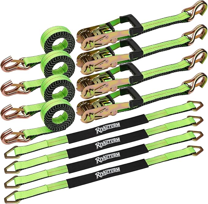 4-Pack 10,000lbs Break Strength Ratchet Straps Heavy Duty, 2 Inch x 10 Feet Tie Down Straps with J-Hooks & Clips & 2" x 38"Axle Straps for Car Trailer Truck, UTV, Motorcycle, Cargo & More - Green